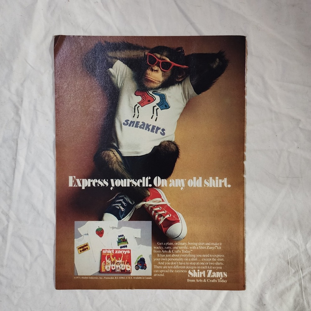 Vintage 1973 Shirt Zanys Print Ad Monkey Sunglasses Sneakers Clipping 8x10 Art